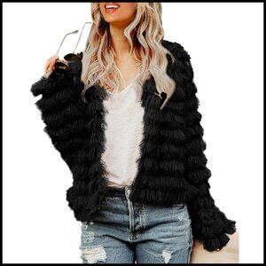 Open Front Faux Fur Cardigan Parka Shaggy Jacket Coat Pull On Closure